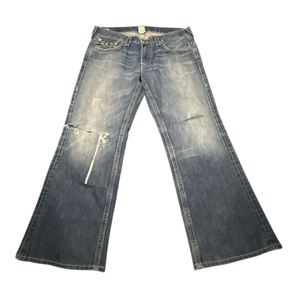 True Religion Jeans Mens 38 Billy Bootcut Distressed Blue Denim
